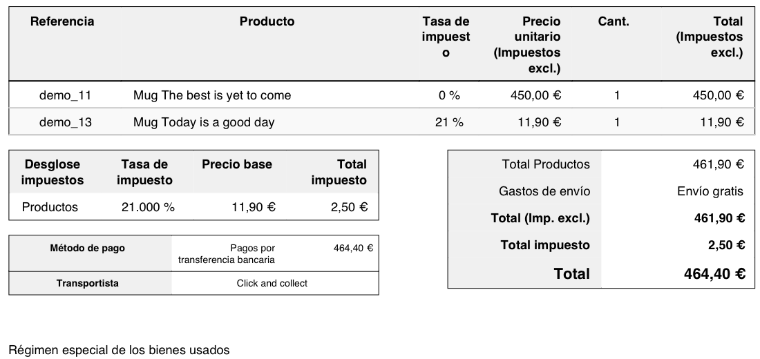 Factura de PrestaShop: la pieza REBU de 450 € con tasa de impuesto 0 % y el producto nuevo con 21 %; el desglose de impuestos solo recoge el 21 %; abajo, la mención «Régimen especial de los bienes usados».