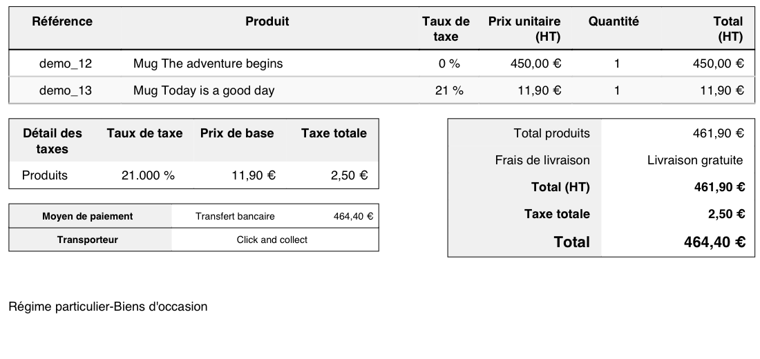 Facture PrestaShop en français : la pièce d’occasion à 450 € avec un taux de taxe de 0 %, le produit neuf avec 21 % ; le détail des taxes ne reprend que le 21 % ; en bas, la mention « Régime particulier-Biens d’occasion ».