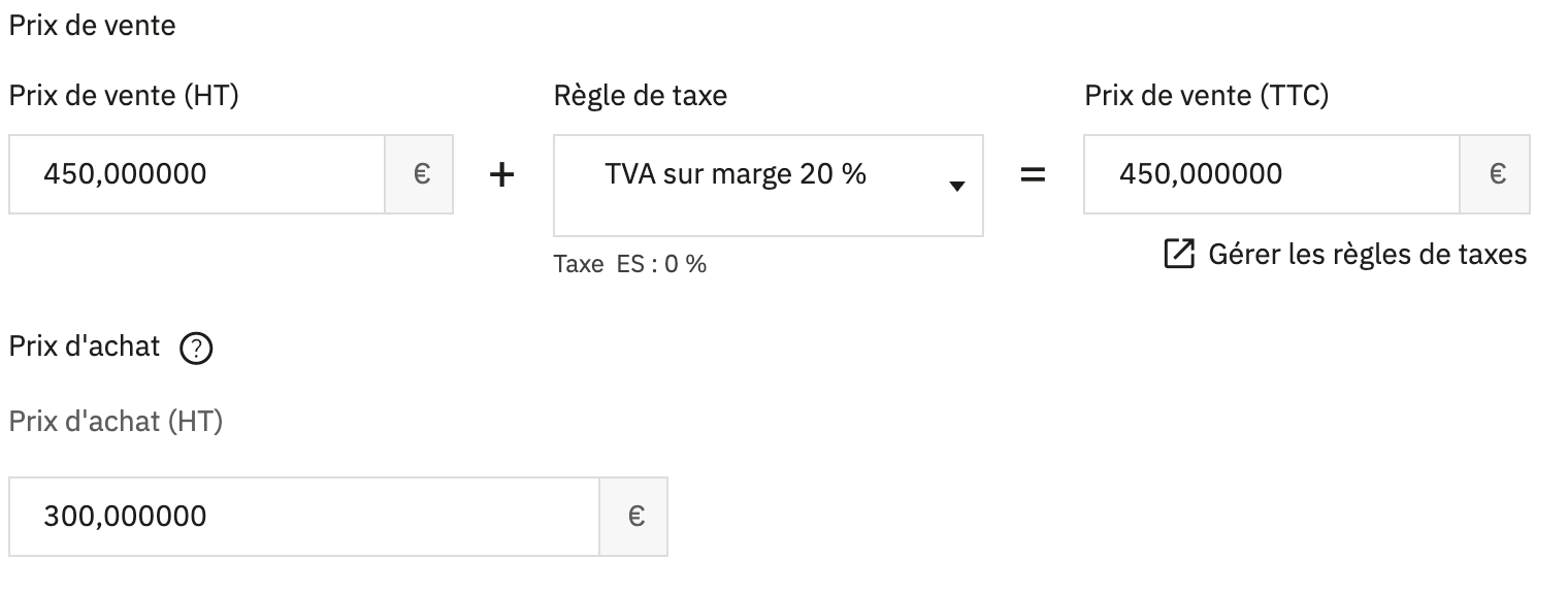 Onglet Prix d’un produit dans PrestaShop 9.2 : prix de vente 450, règle de taxe TVA sur marge 20 % à 0 %, et prix d’achat 300.