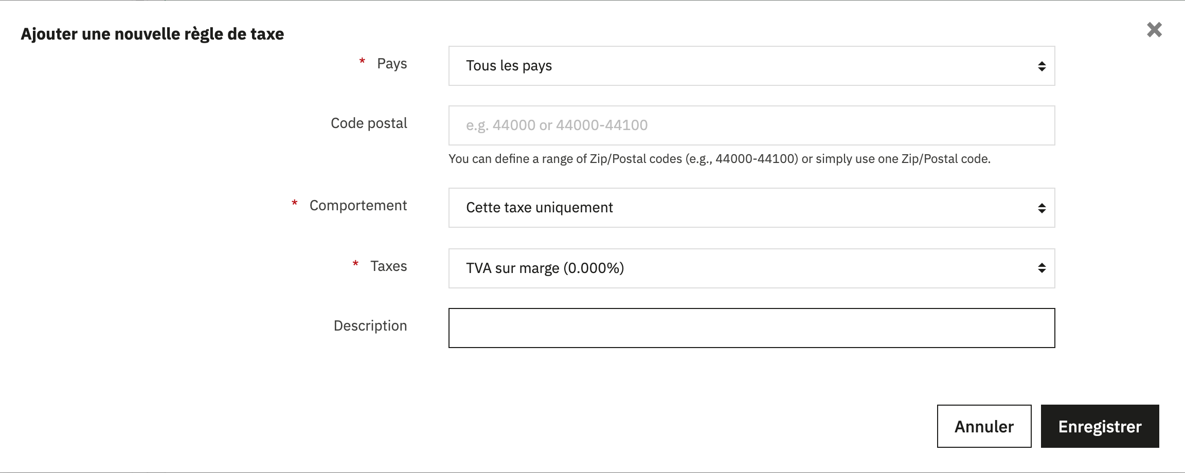 Fenêtre « Ajouter une nouvelle règle de taxe » de PrestaShop : Pays, Tous les pays ; Comportement, Cette taxe uniquement ; Taxes, TVA sur marge (0.000%).