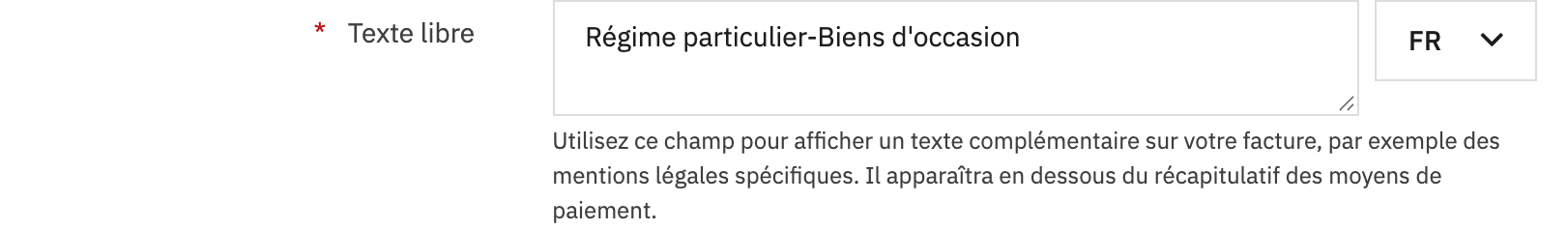 Champ « Texte libre » de PrestaShop, langue FR, avec le texte « Régime particulier-Biens d’occasion ».