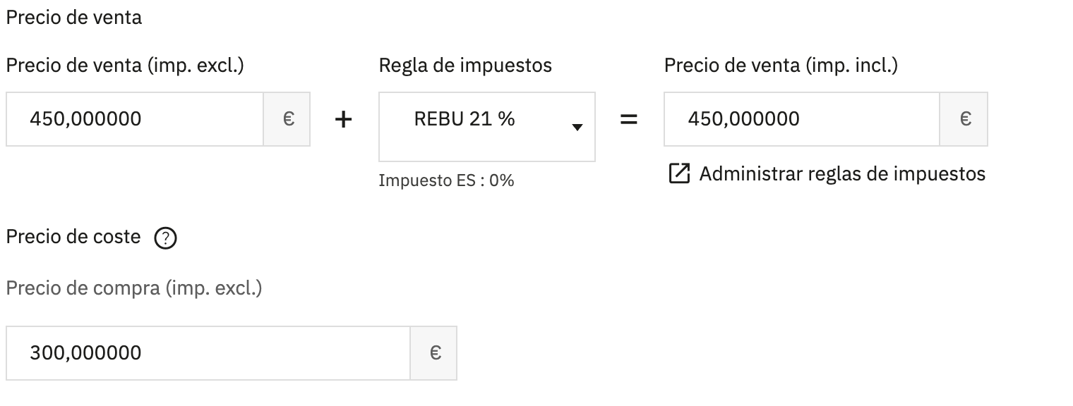 Pestaña Precio de un producto en PrestaShop 9.2: precio de venta 450, regla de impuestos REBU 21 % con impuesto 0 %, y precio de coste 300.