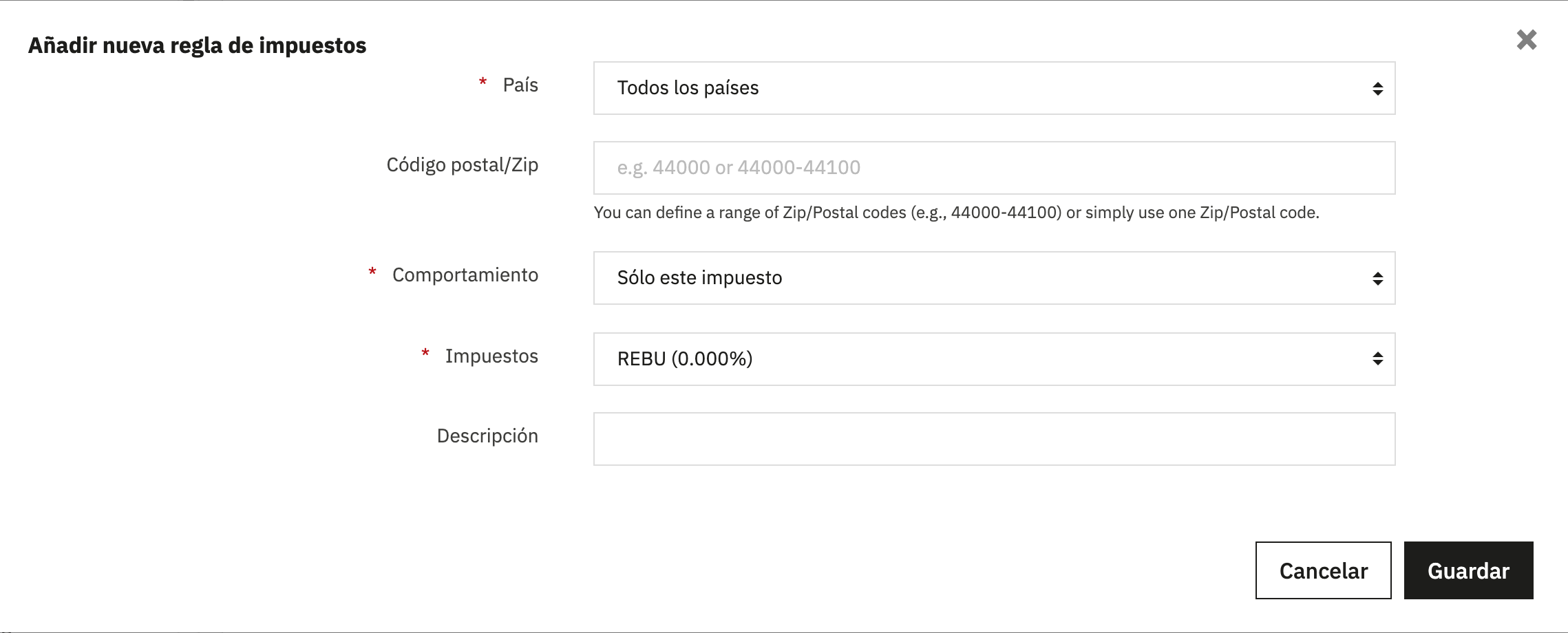 Ventana «Añadir nueva regla de impuestos» de PrestaShop con País: Todos los países, Comportamiento: Sólo este impuesto e Impuestos: REBU (0.000%).