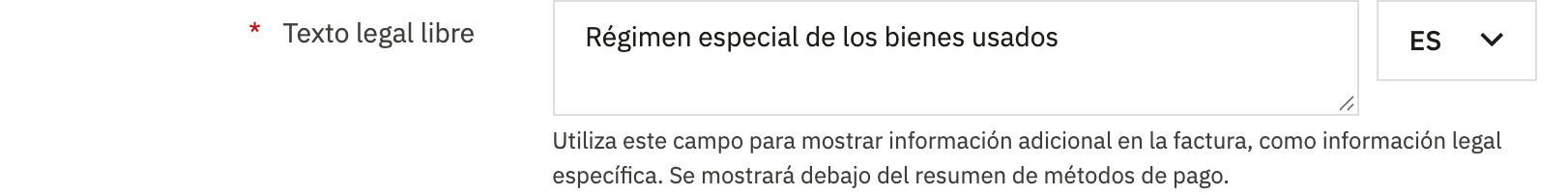 Campo «Texto legal libre» de PrestaShop con el texto «Régimen especial de los bienes usados».
